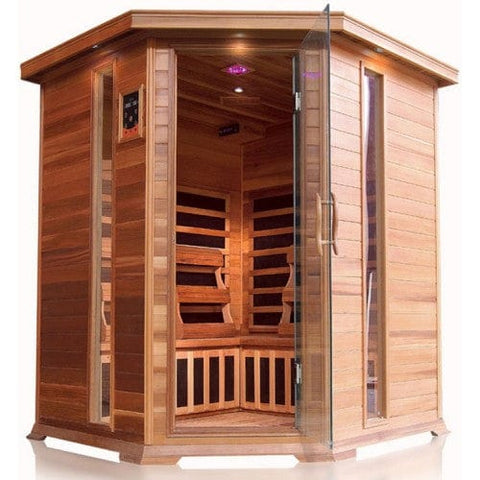 Image of SunRay Sauna 4 Person Corner Cedar Sauna w/Carbon Heaters - HL400KC Bristol Bay